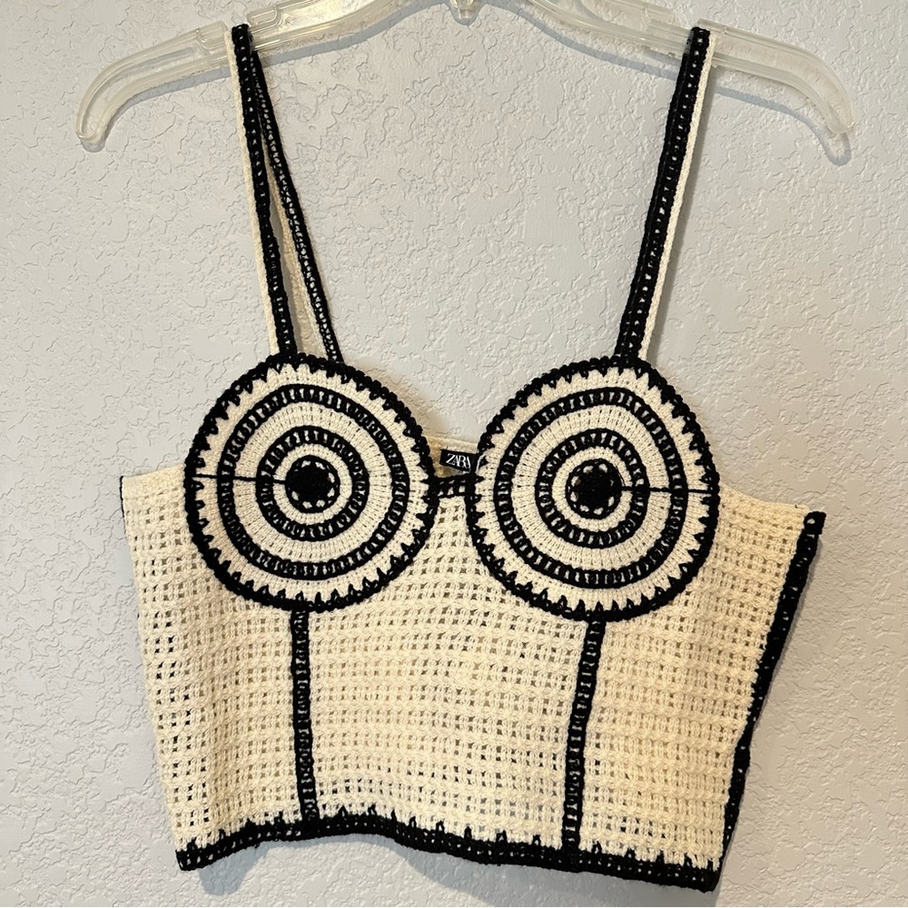 New Zara Crochet Corset Cream Black Top 1014/804 Medium Large - Picture 4 of 9